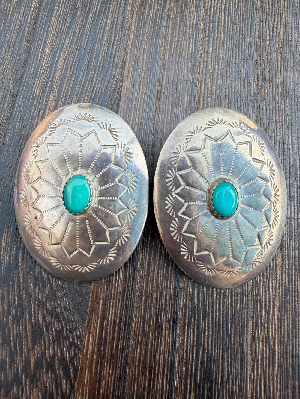 Concho and Turquoise Oval Sterling Silver Earrings - Vintage Native Handmade - Picture 2 of 5